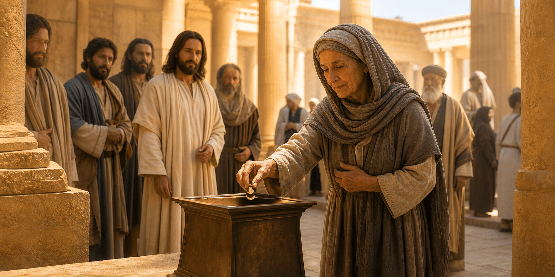 The widow offering two coins at the temple as Jesus observes